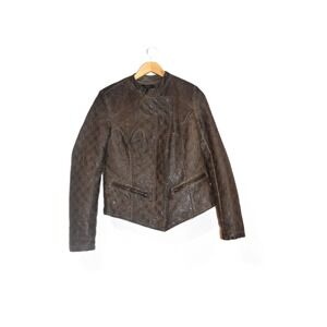 ABS by Allen Schwartz Women's Brown Embossed Paisley Leather Moto Jacket Size M